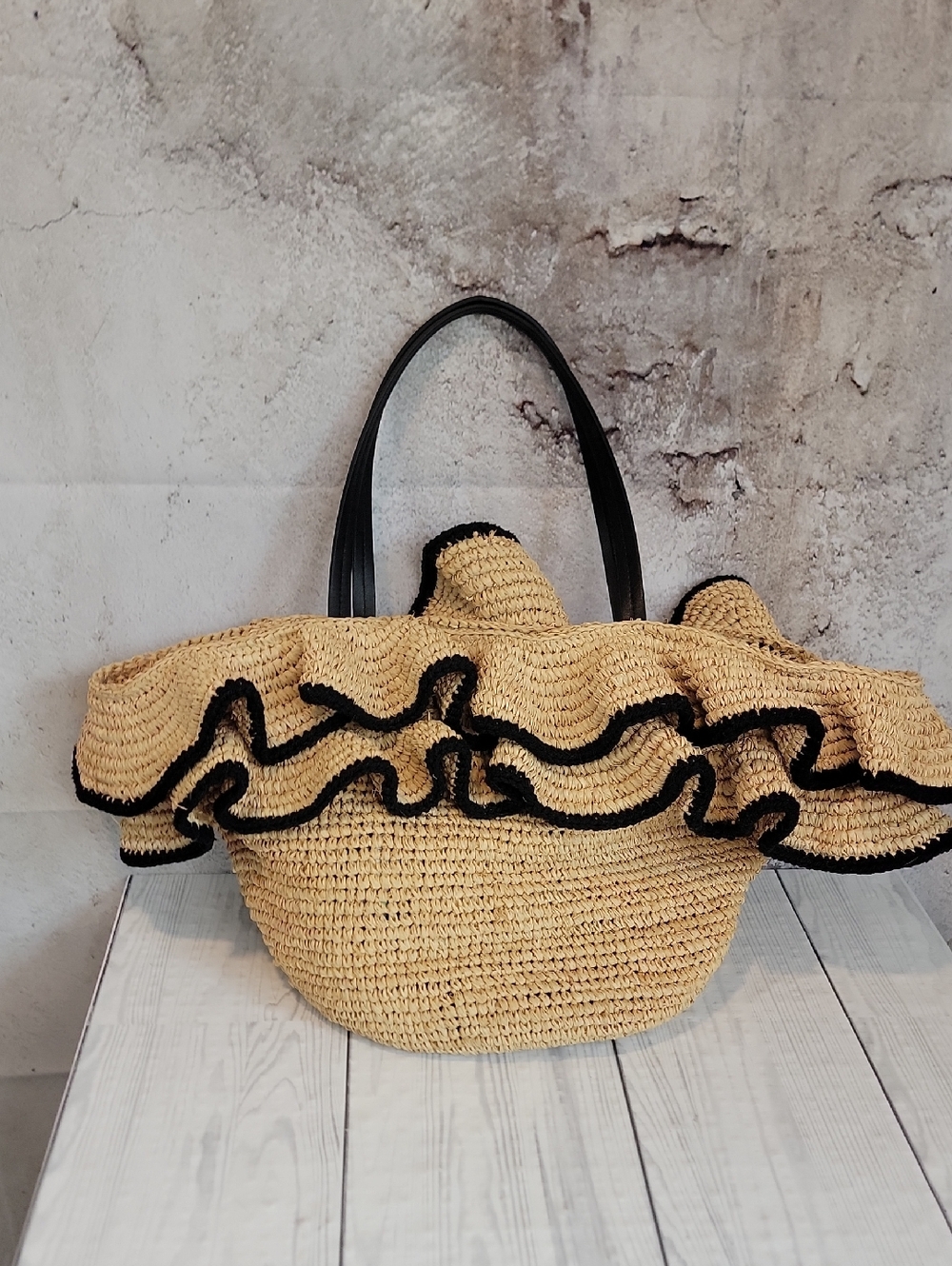 BTB Los Angeles Joey Ruffle Raffia Tote Bag with Black Trim